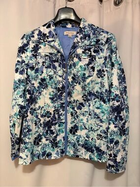 Studio Works Navy, Teal & White Floral Zip-Front Jean Jacket